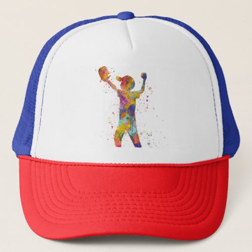 Boy plays baseball in watercolor trucker hat