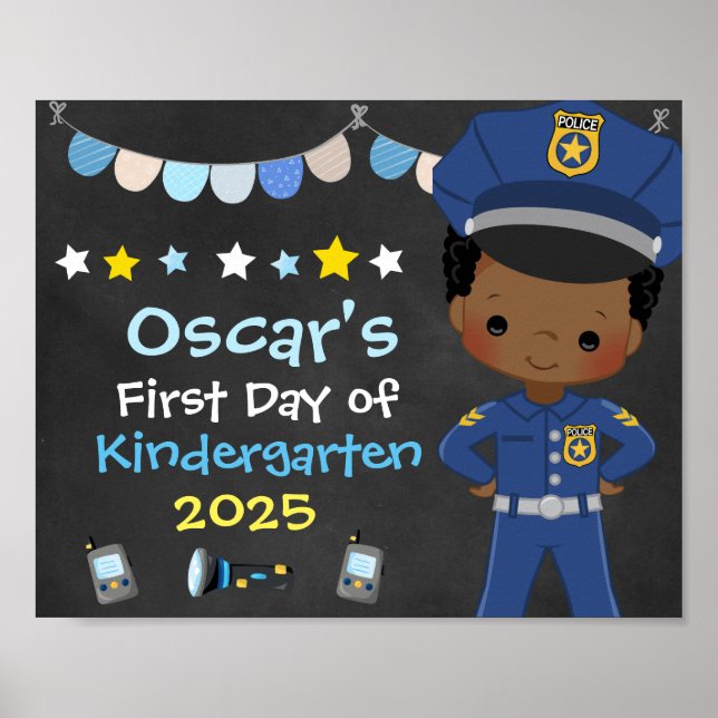 Boy Police Officer First Day of School Chalkboard Poster (Front)
