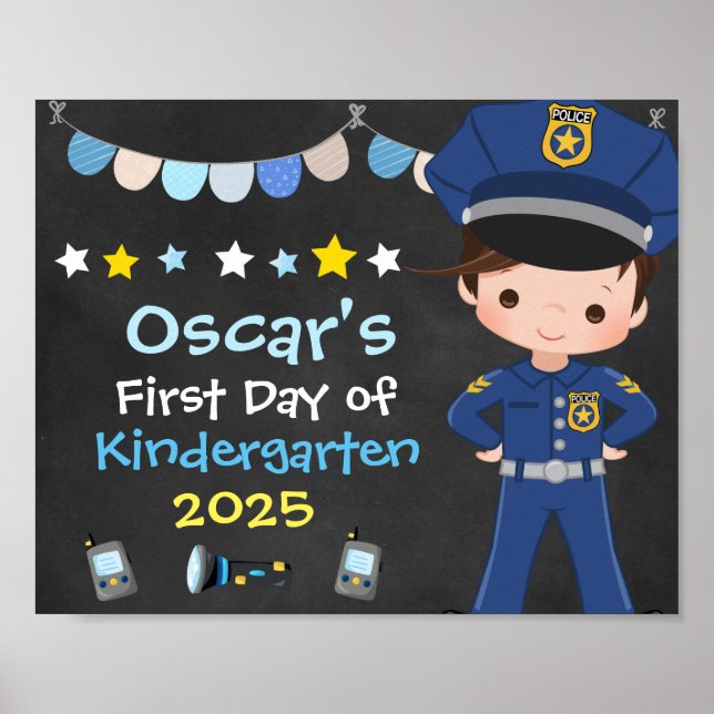 Boy Police Officer First Day of School Chalkboard Poster (Front)
