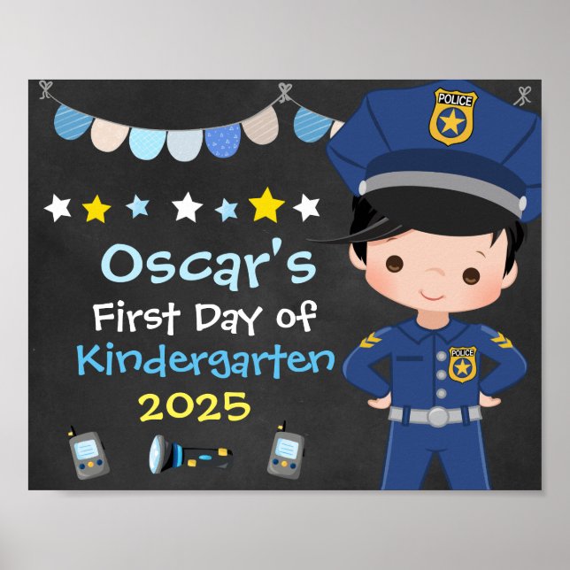 Boy Police Officer First Day of School Chalkboard Poster (Front)