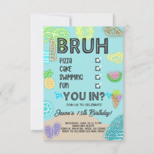 Boy Pool Beach Birthday, neon glow, bruh you in. Invitation