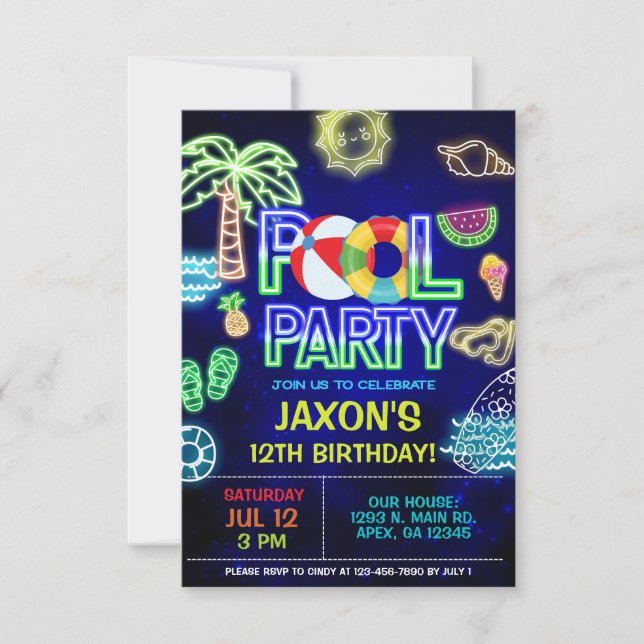 Boy Pool Birthday Bash, neon glow pool party. Invitation (Front)