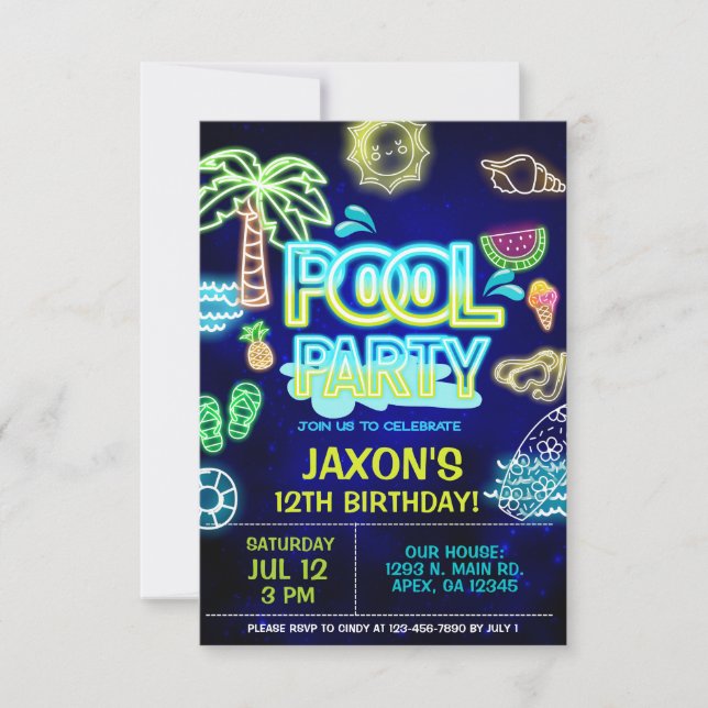 Boy Pool Birthday Bash, neon glow pool party. Invitation (Front)
