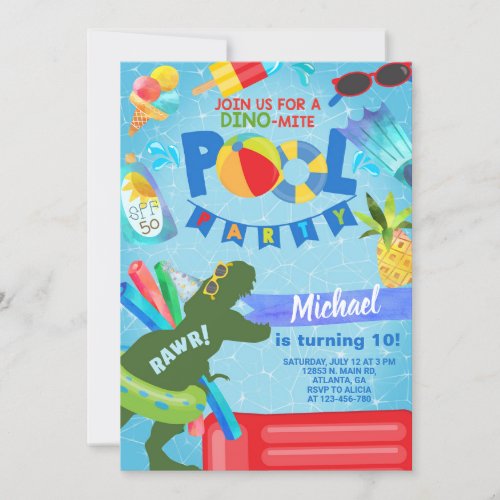 Boy pool party birthday invitation dinosaur invitation