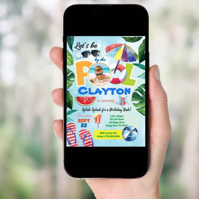 Boy pool party birthday photo invitation any age (Front Digital)