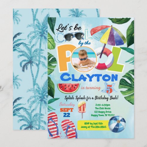 Boy pool party birthday photo invitation any age