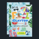 Boy pool party birthday photo invitation any age<br><div class="desc">ANY AGE - just edit it and add your own photo. Cute and chic invitation for your little boy's birthday. Get this now! (girl version is available at our shop too!) Theme: Summer Pool Party. Tropical Colors: Blue, green, purple, orange, yellow. Style: Watercolor. Design elements: Tropical leaves, beach ball, sunglasses,...</div>