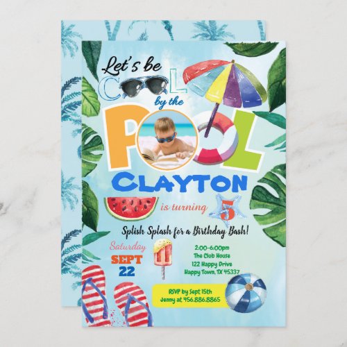 Boy pool party birthday photo invitation any age