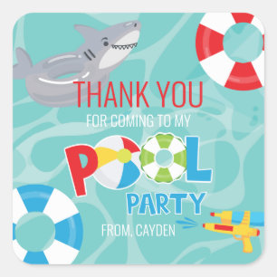Boy Pool Party birthday shark thank you favor Square Sticker