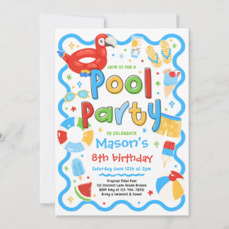 Boy Pool Party Summer Tropical Swimming Birthday Invitation