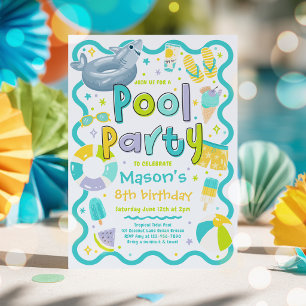 Boy Pool Party Summer Tropical Swimming Birthday  Invitation