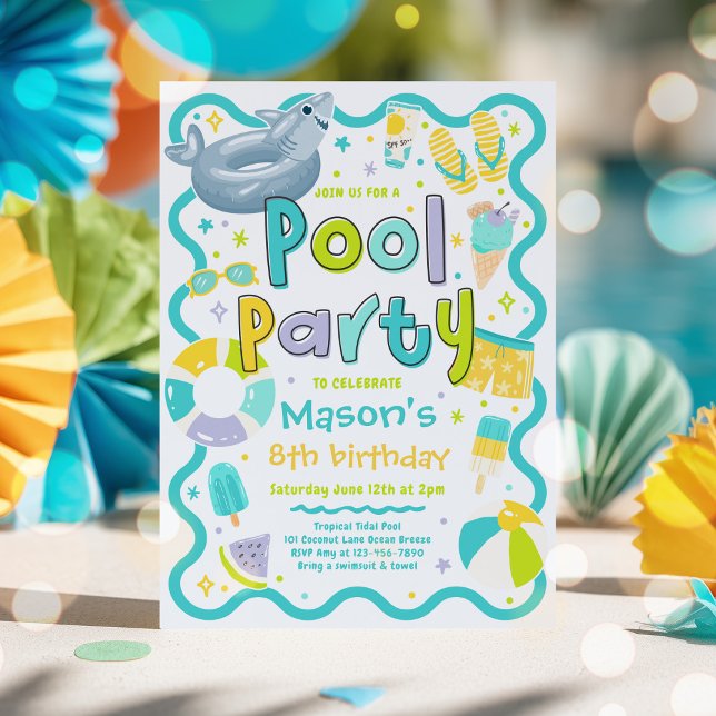 Boy Pool Party Summer Tropical Swimming Birthday  Invitation (Creator Uploaded)