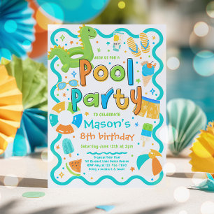 Boy Pool Party Summer Tropical Swimming Birthday  Invitation