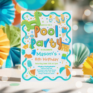 Boy Pool Party Summer Tropical Swimming Birthday  Invitation
