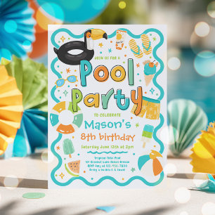 Boy Pool Party Summer Tropical Swimming Birthday  Invitation