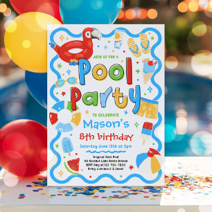 Boy Pool Party Summer Tropical Swimming Birthday Invitation