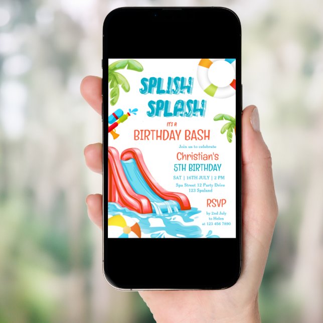 Boy Pool Party Waterslide Birthday Invitation (Front Digital)