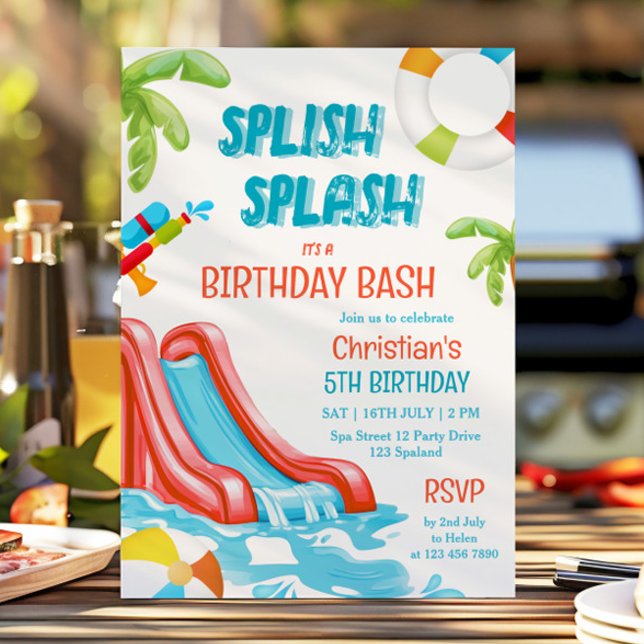 Boy Pool Party Waterslide Birthday Invitation (Creator Uploaded)