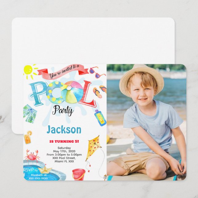 Boy Pool Photo Invitation (Front/Back)
