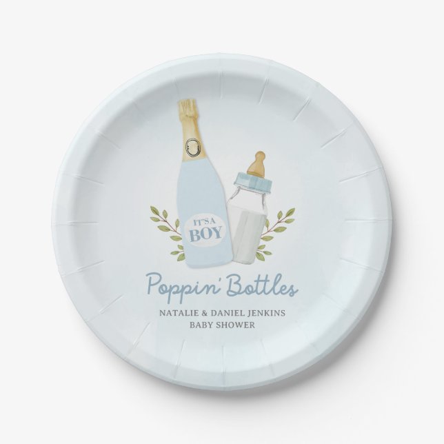 Boy Poppin Bottles Baby Shower Blue  Paper Plates (Front)