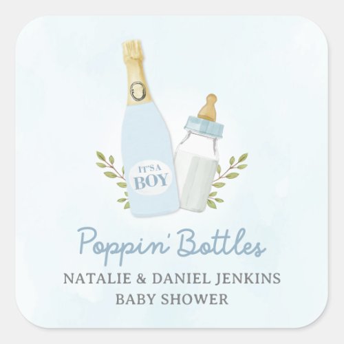Boy Poppin Bottles Baby Shower Blue  Square Sticker
