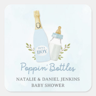 Boy Poppin Bottles Baby Shower Blue Square Sticker