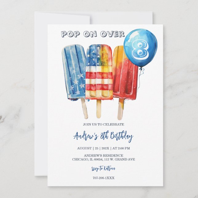 Boy Popsicle 8th Birthday for Summer Party Invitation (Front)
