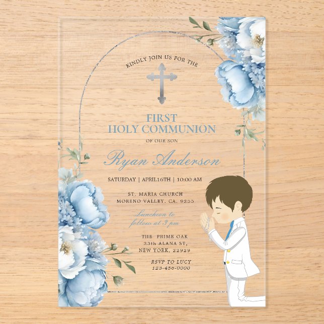 Boy Praying First Holy Communion Dusty Blue Floral Acrylic Invitations (Front)