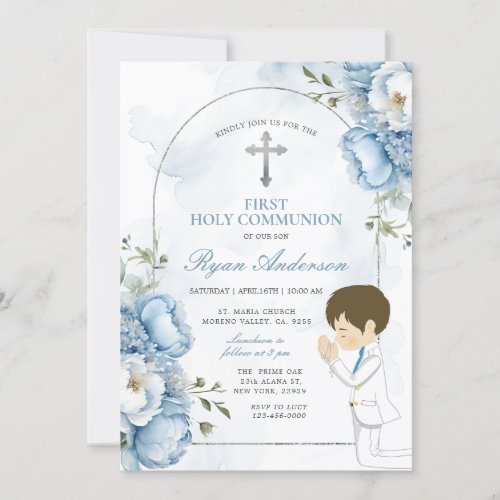 Boy Praying First Holy Communion Dusty Blue Floral Invitation