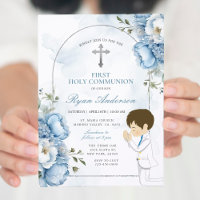 Boy Praying First Holy Communion Dusty Blue Floral