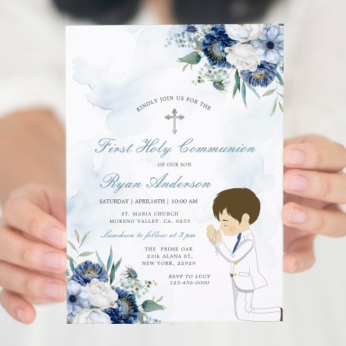 Boy Praying First Holy Communion Navy Blue Floral