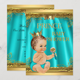 Boy Prince Baby Shower Aqua Teal Brunette baby Invitation