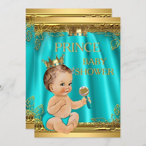 Boy Prince Baby Shower Aqua Teal Brunette baby Invitation