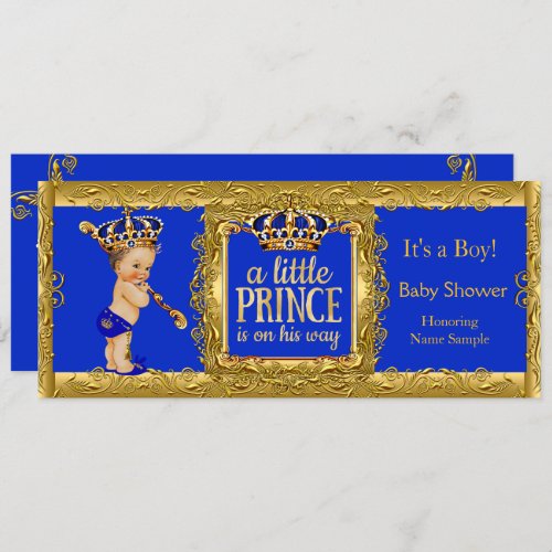 Boy Prince on his way Royal Blue Gold Brunette Boy Invitation