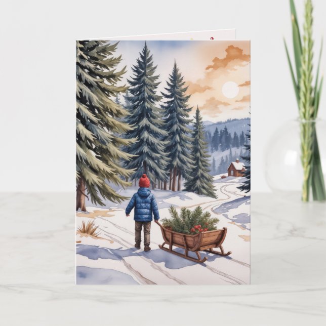 Boy Pulling a Sled With Christmas Evergreen Boughs Card (Front)