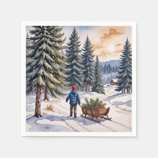 Boy Pulling a Sled With Christmas Evergreen Boughs Napkins (Front)