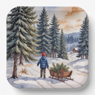 Boy Pulling a Sled With Christmas Evergreen Boughs Paper Plates