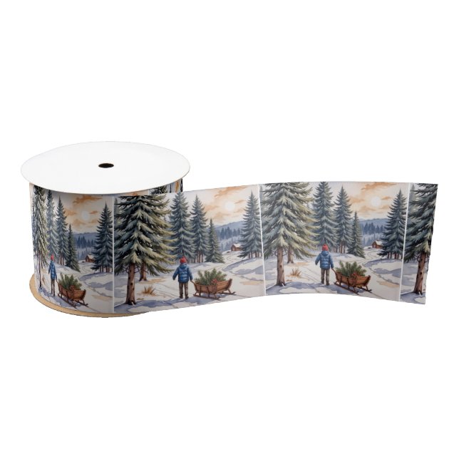 Boy Pulling a Sled With Christmas Evergreen Boughs Satin Ribbon (Spool)