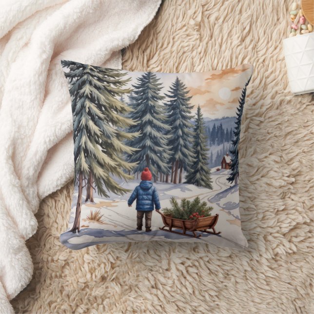 Boy Pulling a Sled With Christmas Evergreen Boughs Throw Pillow (Blanket)