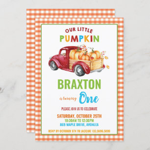 Boy Pumpkin 1st Birthday Party Red Harvest Truck Invitation