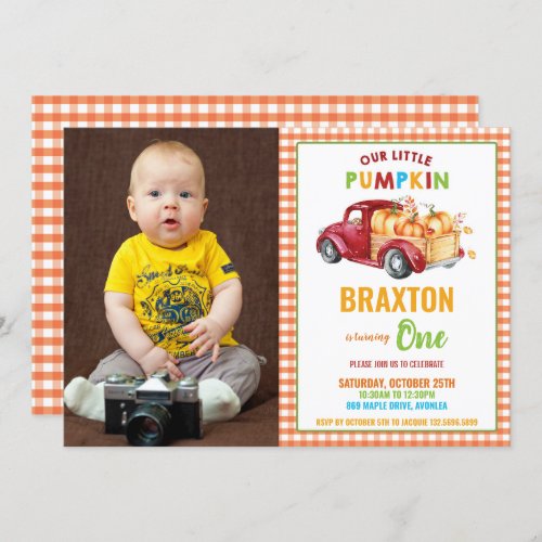 Boy Pumpkin 1st Birthday Party Red Truck Photo Invitation