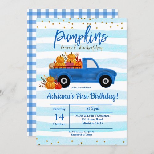 BOY Pumpkin Birthday Invitation autumn blue