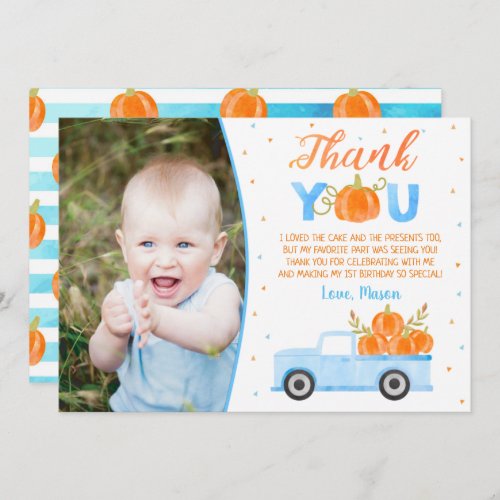 Boy Pumpkin Blue Truck Birthday Thank You Cards