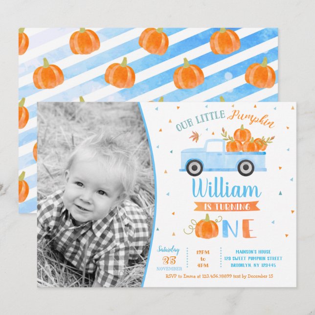 Boy Pumpkin Blue Truck First Birthday Invitations (Front/Back)