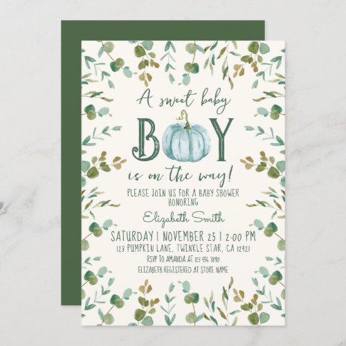 Boy Pumpkin  Eucalyptus Baby Shower Invitation