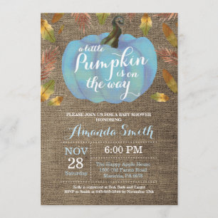 Boy Pumpkin Fall Baby Shower Blue and Burlap Invitation