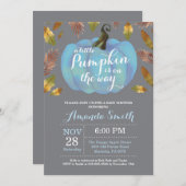 Boy Pumpkin Fall Baby Shower Blue and Gray Invitation (Front/Back)