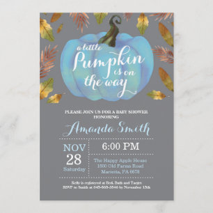 Boy Pumpkin Fall Baby Shower Blue and Gray Invitation