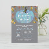 Boy Pumpkin Fall Baby Shower Blue and Gray Invitation (Standing Front)