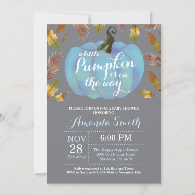 Boy Pumpkin Fall Baby Shower Blue and Gray Invitation (Front)